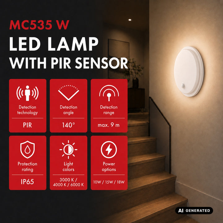 Lampă LED cu senzor de mișcare Maclean, senzor PIR, albă, 10 W/15/18 W, IP65, posibilitatea de a schimba temperatura culorii între 3000/4000/6000 K, MCE535 W