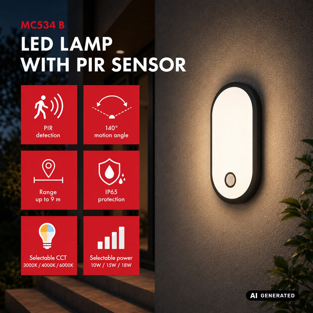 Lampă LED cu senzor de mișcare Maclean, senzor PIR, negru, 10 W/15/18 W, IP65, posibilitatea de a schimba culoarea la 3000/4000/6000 K, MCE534 B