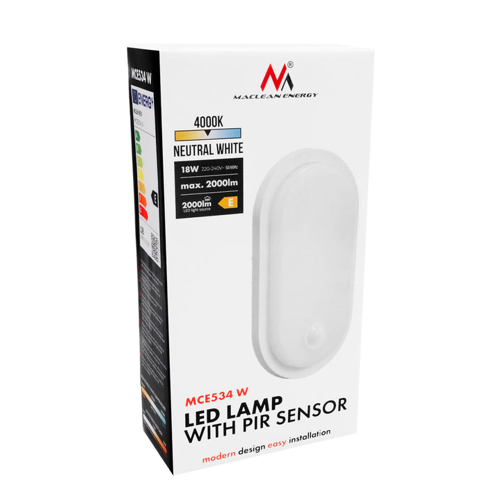 Lampă LED cu senzor de mișcare Maclean, senzor PIR, albă, 10 W/15/18 W, IP65, posibilitatea de a schimba temperatura culorii între 3000/4000/6000 K, MCE534 W