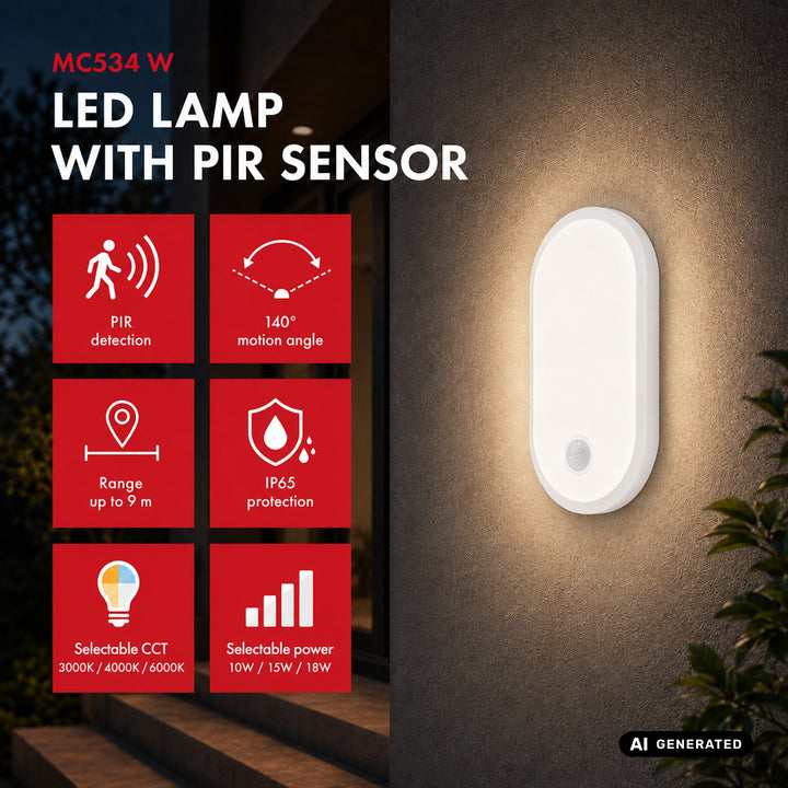 Lampă LED cu senzor de mișcare Maclean, senzor PIR, albă, 10 W/15/18 W, IP65, posibilitatea de a schimba temperatura culorii între 3000/4000/6000 K, MCE534 W