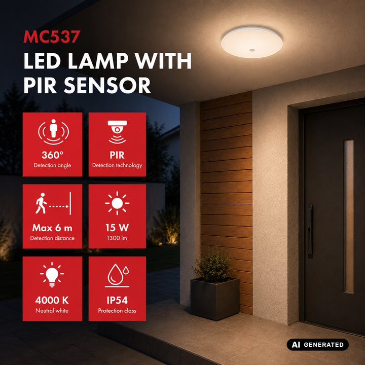 Lampă LED cu senzor PIR Maclean, de tavan, 15 W, 1300 lm, IP54, 220-240 V~ 50/60 Hz, MCE537