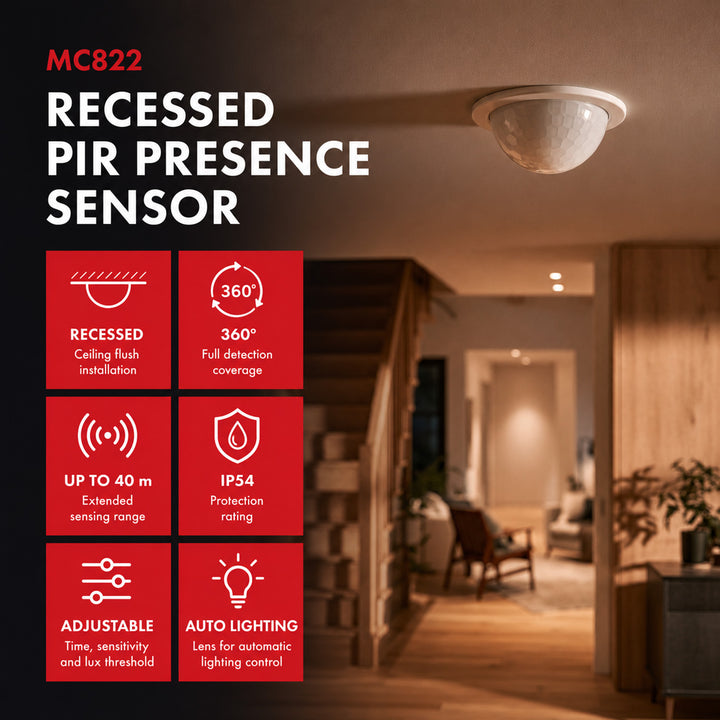 Senzor de prezență PIR Maclean, pentru montare încastrată, rază de acțiune 10x40 m, 1000 W/2000 W, 220-240 V c.a., 50/60 Hz, IP54, MCE822