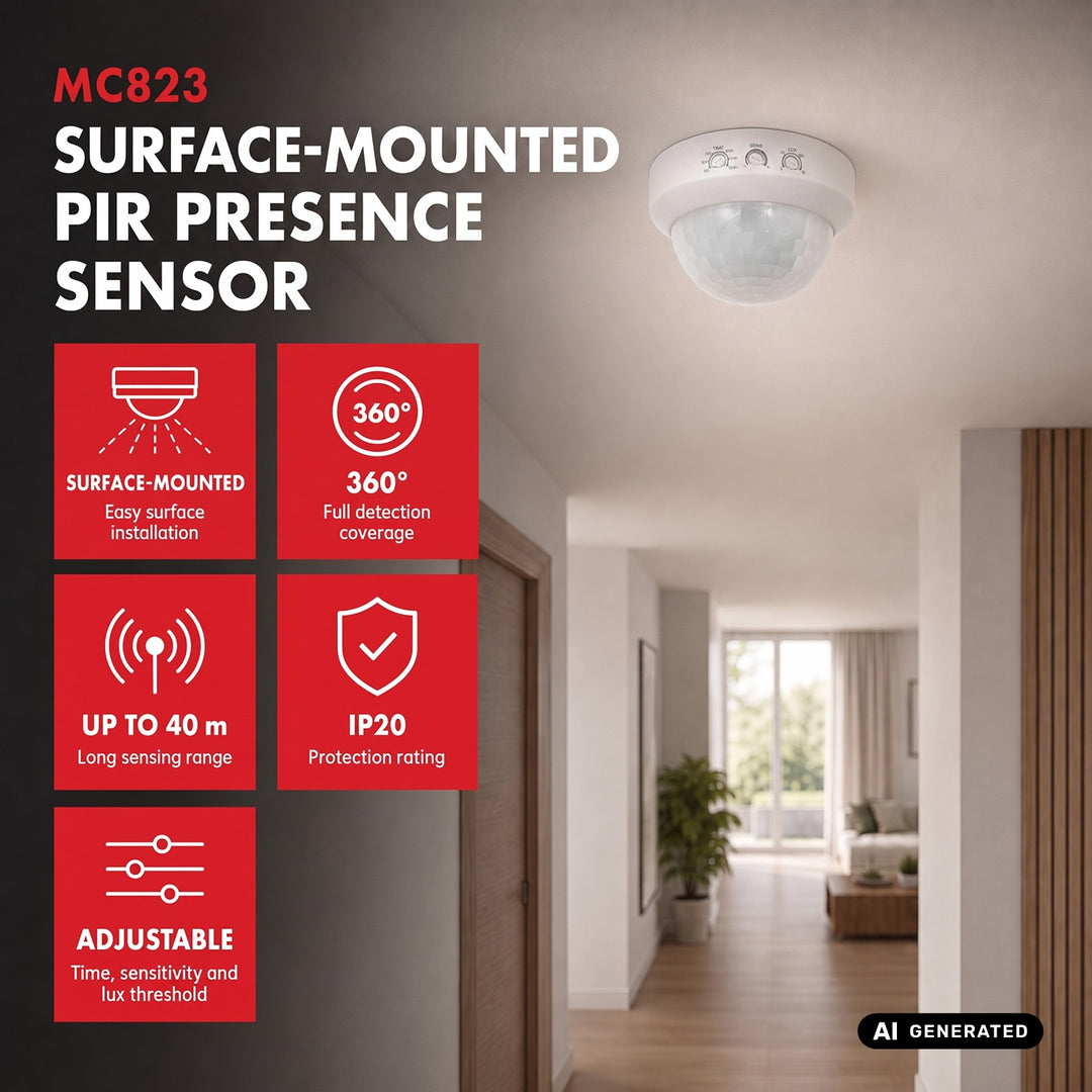 Senzor de prezență PIR Maclean, montare pe perete, rază de acțiune 10x40 m, 1000 W/2000 W, 220-240 V c.a., 50/60 Hz, MCE823