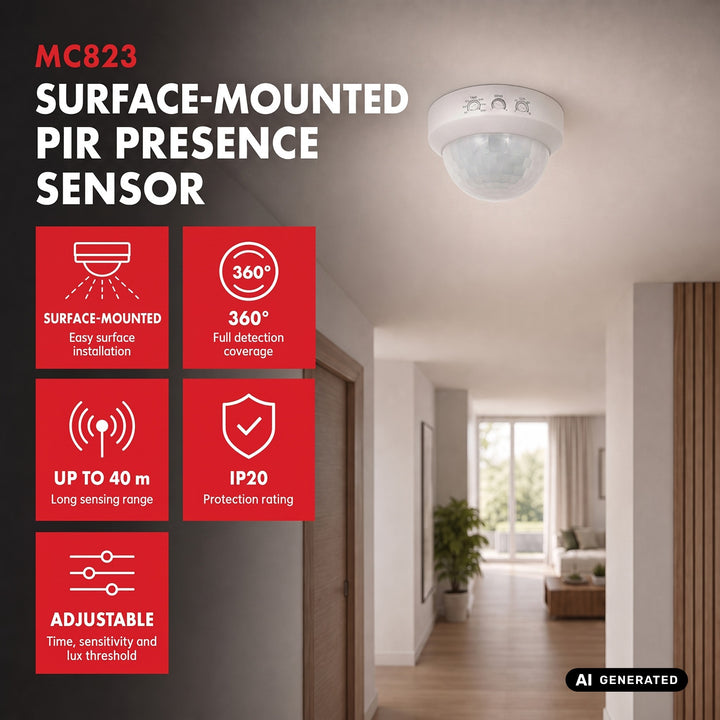 Senzor de prezență PIR Maclean, montare pe perete, rază de acțiune 10x40 m, 1000 W/2000 W, 220-240 V c.a., 50/60 Hz, MCE823