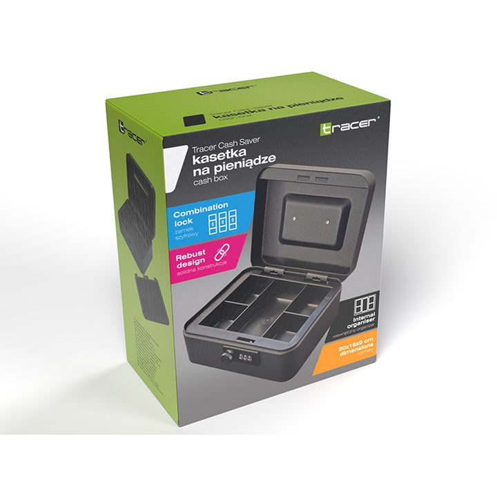 Caseta de bani Tracer, mâner de transport, compartiment ascuns, negru, Cash Saver