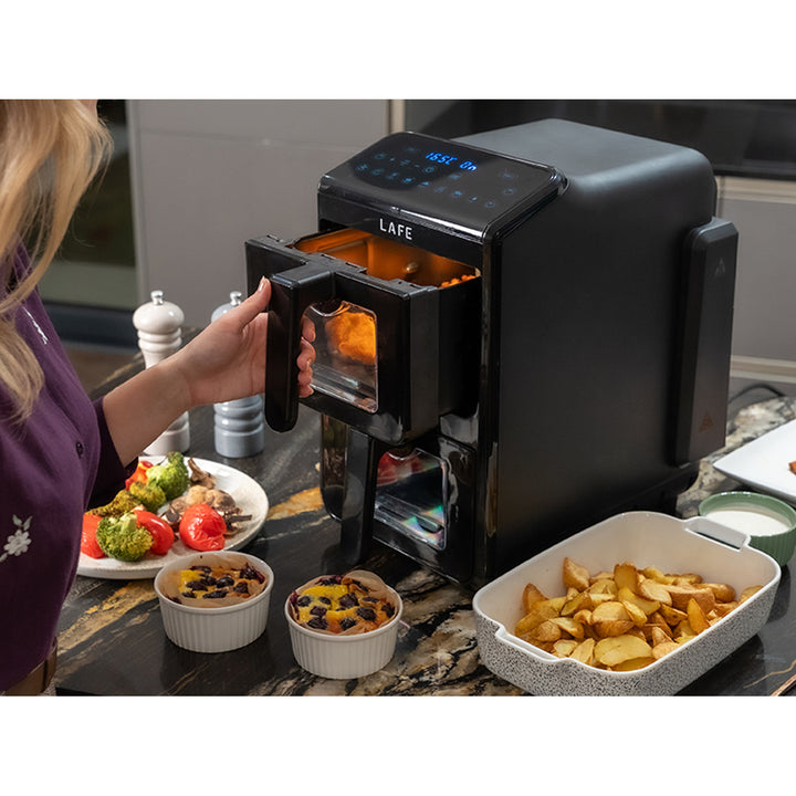 Friteuză fără ulei LAFE, friteuză cu aer cald, 2 compartimente, 5 L, putere 2460 W, afișaj LCD, Dual Fry