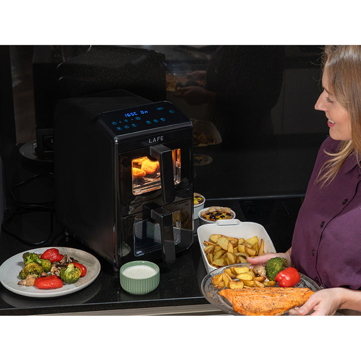 Friteuză fără ulei LAFE, friteuză cu aer cald, 2 compartimente, 5 L, putere 2460 W, afișaj LCD, Dual Fry