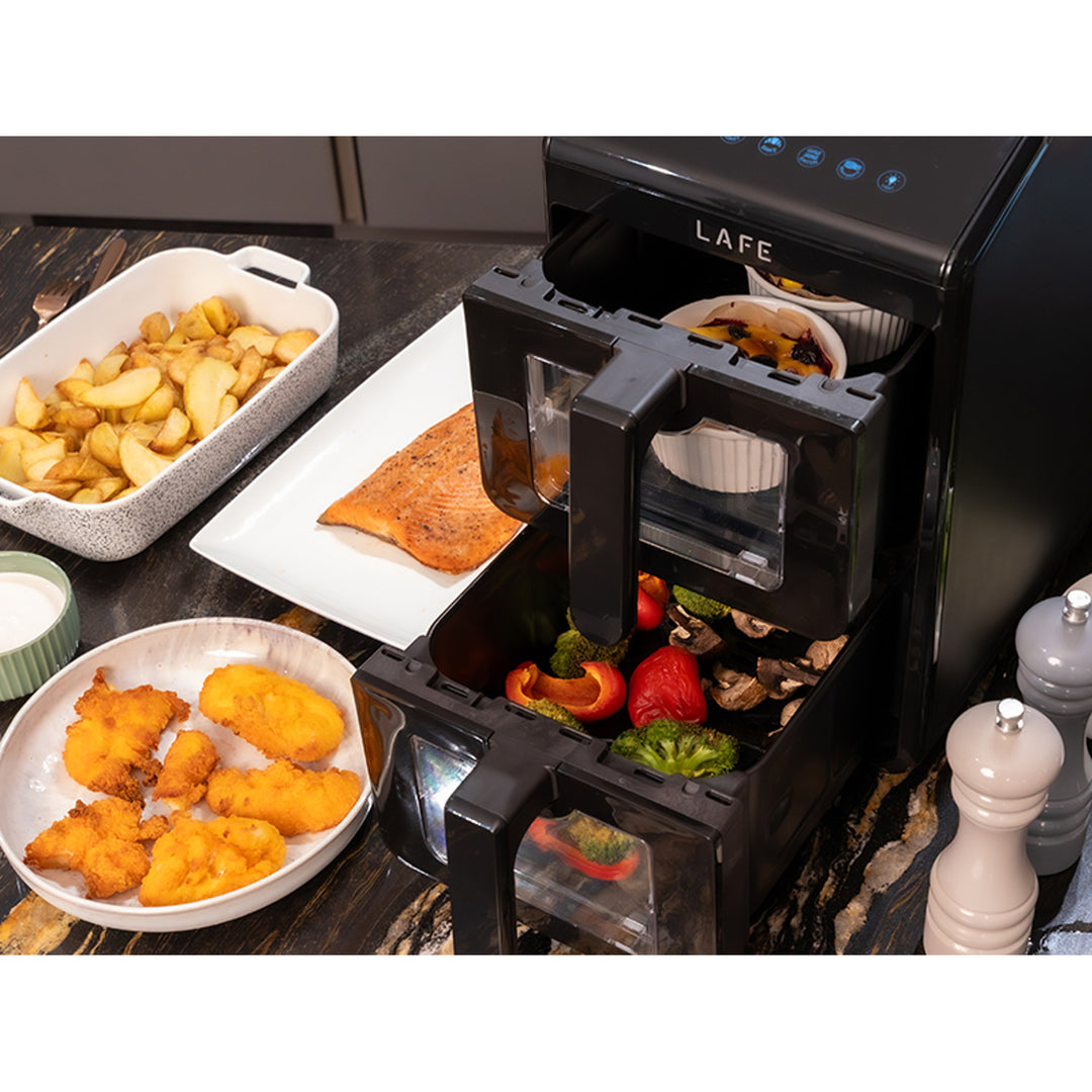Friteuză fără ulei LAFE, friteuză cu aer cald, 2 compartimente, 5 L, putere 2460 W, afișaj LCD, Dual Fry