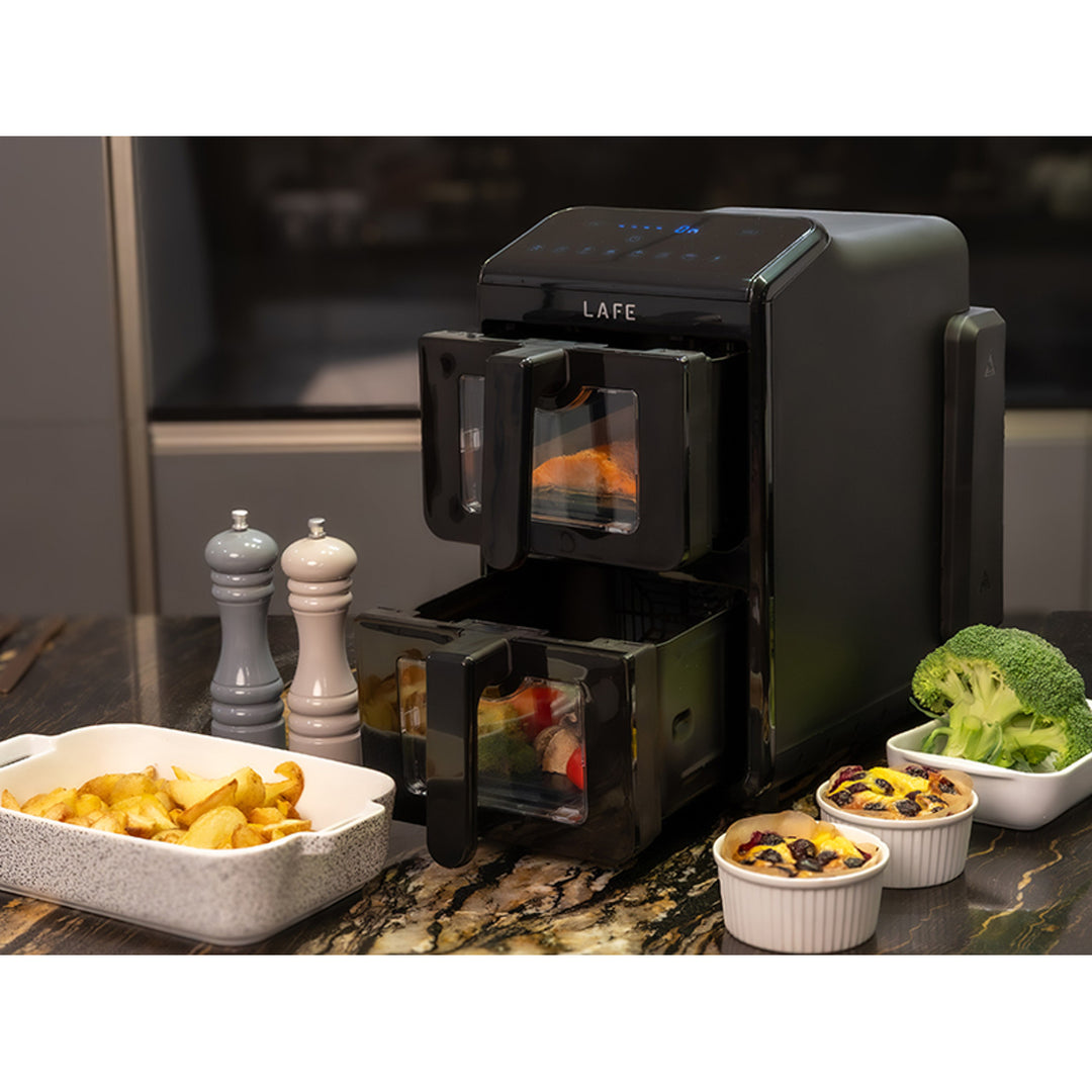 Friteuză fără ulei LAFE, friteuză cu aer cald, 2 compartimente, 5 L, putere 2460 W, afișaj LCD, Dual Fry