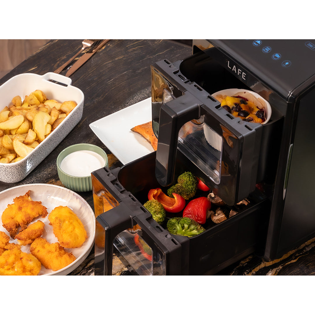 Friteuză fără ulei LAFE, friteuză cu aer cald, 2 compartimente, 5 L, putere 2460 W, afișaj LCD, Dual Fry