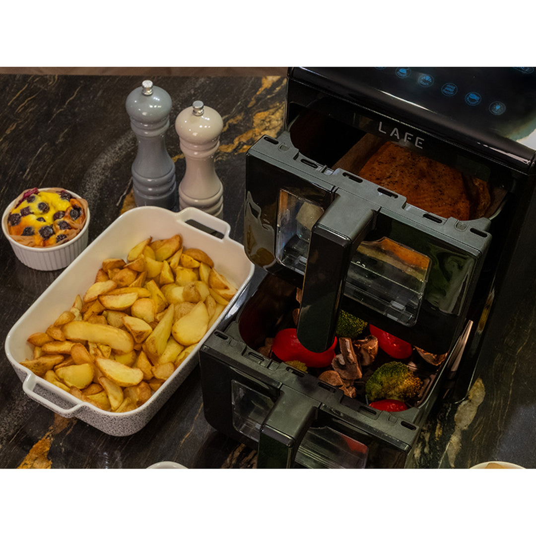 Friteuză fără ulei LAFE, friteuză cu aer cald, 2 compartimente, 5 L, putere 2460 W, afișaj LCD, Dual Fry