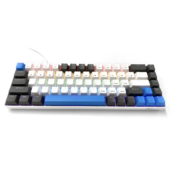 RED CORE MX60 - Tastatură mecanică scurtă pentru jocuri, 60%, comutatoare mecanice RED silențioase, iluminare colorată, 68 de taste, USB-C. Culoare: alb/albastru. Mediatech
