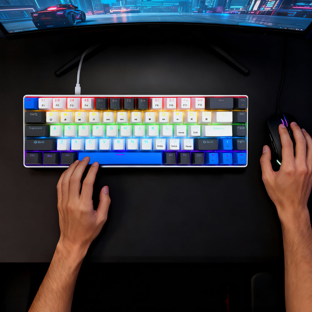 RED CORE MX60 - Tastatură mecanică scurtă pentru jocuri, 60%, comutatoare mecanice RED silențioase, iluminare colorată, 68 de taste, USB-C. Culoare: alb/albastru. Mediatech