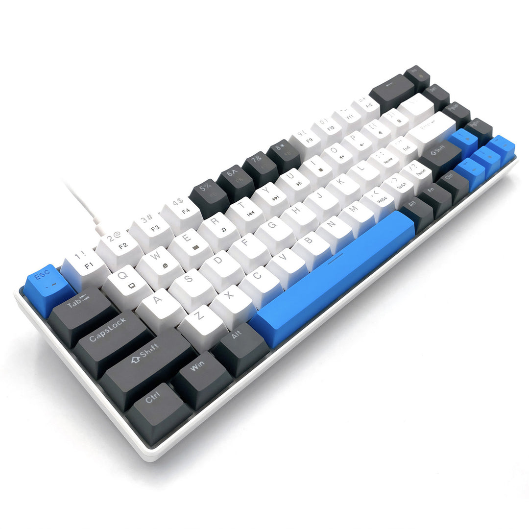 RED CORE MX60 - Tastatură mecanică scurtă pentru jocuri, 60%, comutatoare mecanice RED silențioase, iluminare colorată, 68 de taste, USB-C. Culoare: alb/albastru. Mediatech