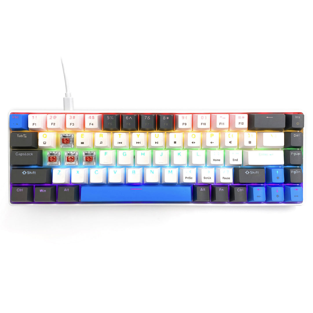 RED CORE MX60 - Tastatură mecanică scurtă pentru jocuri, 60%, comutatoare mecanice RED silențioase, iluminare colorată, 68 de taste, USB-C. Culoare: alb/albastru. Mediatech