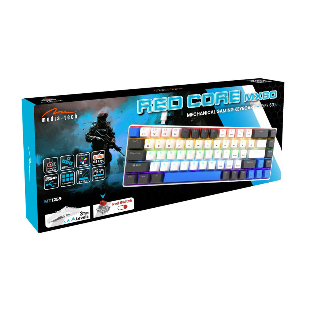 RED CORE MX60 - Tastatură mecanică scurtă pentru jocuri, 60%, comutatoare mecanice RED silențioase, iluminare colorată, 68 de taste, USB-C. Culoare: alb/albastru. Mediatech