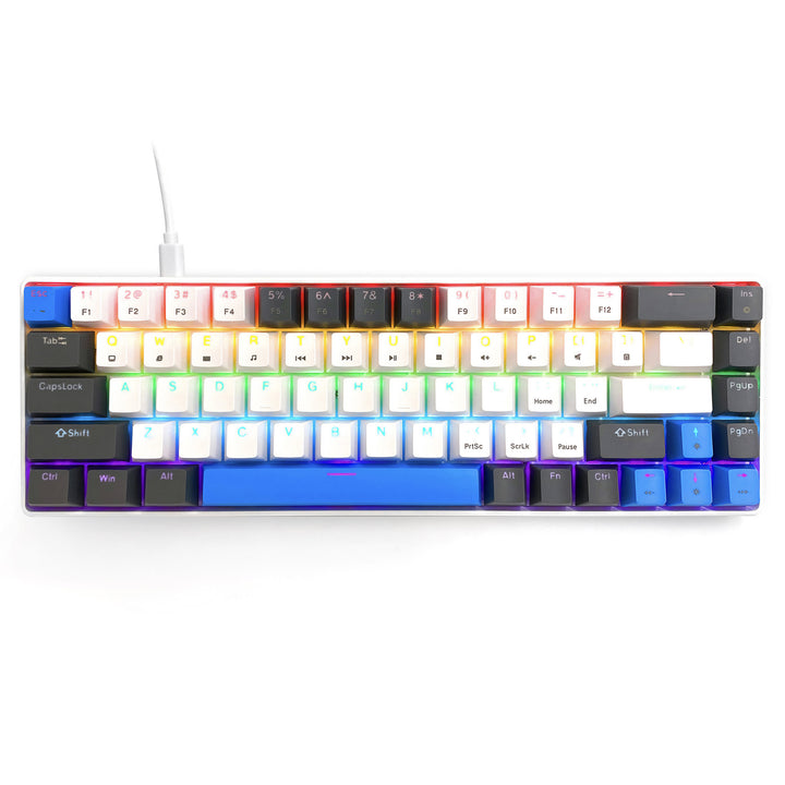 RED CORE MX60 - Tastatură mecanică scurtă pentru jocuri, 60%, comutatoare mecanice RED silențioase, iluminare colorată, 68 de taste, USB-C. Culoare: alb/albastru. Mediatech