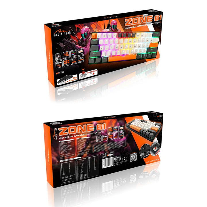 ZONE 61 - Tastatură mecanică scurtă pentru jocuri, 60%, comutatoare mecanice silențioase RED, iluminare colorată, 61 de taste, USB-C, Mediatech