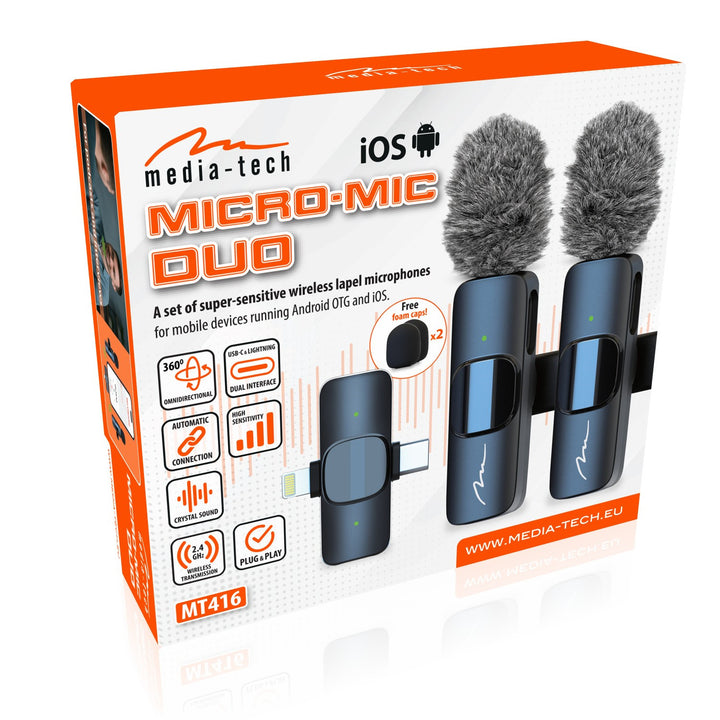 MICRO-MIC DUO – 2 microfoane wireless cu prindere la rever (set), cu clemă, iOS și Android (OTG), mini, super-sensibile. USB-C și LIGHTNING, Mediatech
