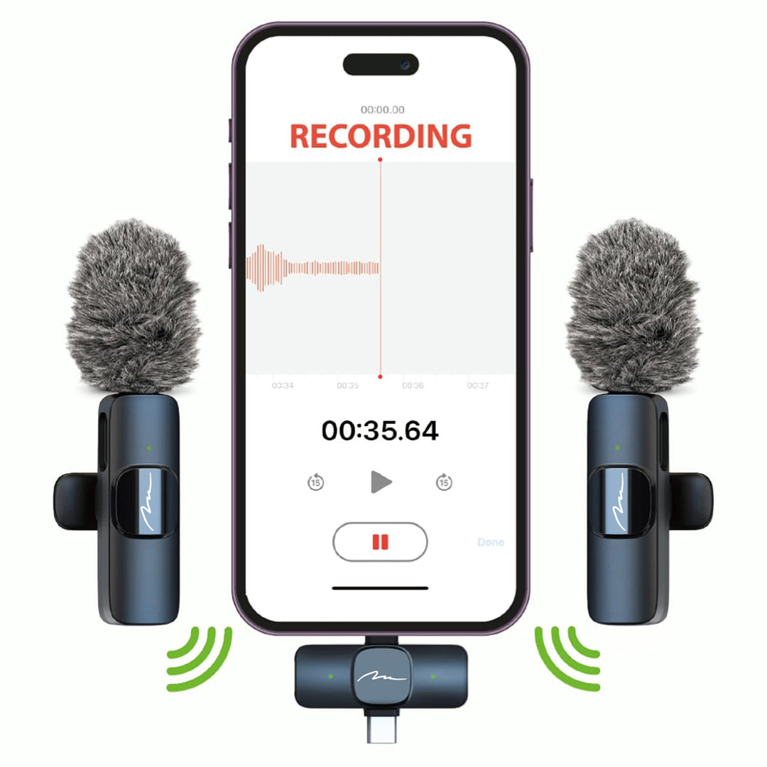 MICRO-MIC DUO – 2 microfoane wireless cu prindere la rever (set), cu clemă, iOS și Android (OTG), mini, super-sensibile. USB-C și LIGHTNING, Mediatech