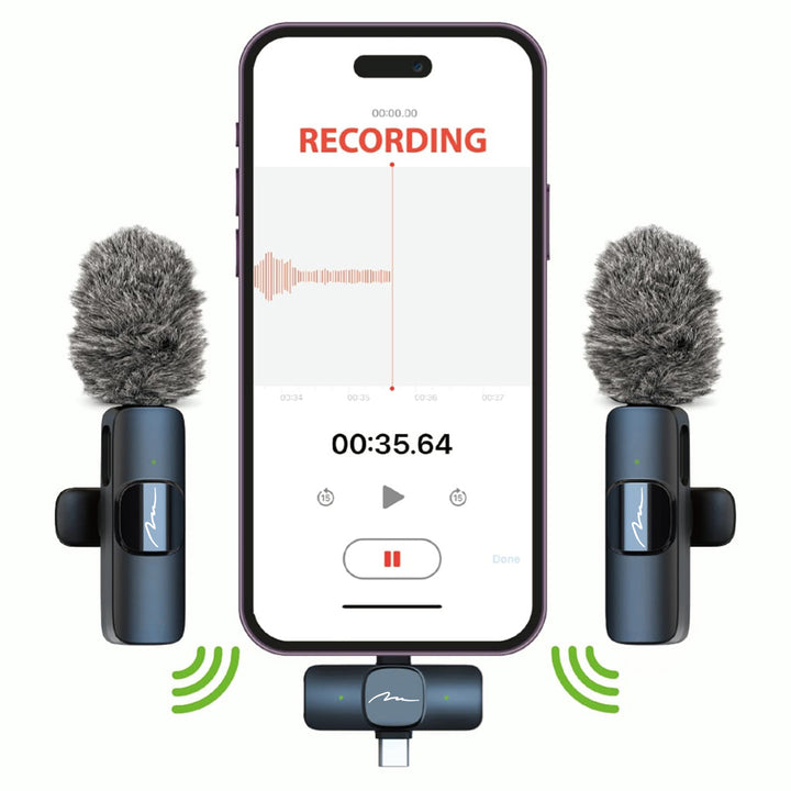 MICRO-MIC DUO – 2 microfoane wireless cu prindere la rever (set), cu clemă, iOS și Android (OTG), mini, super-sensibile. USB-C și LIGHTNING, Mediatech