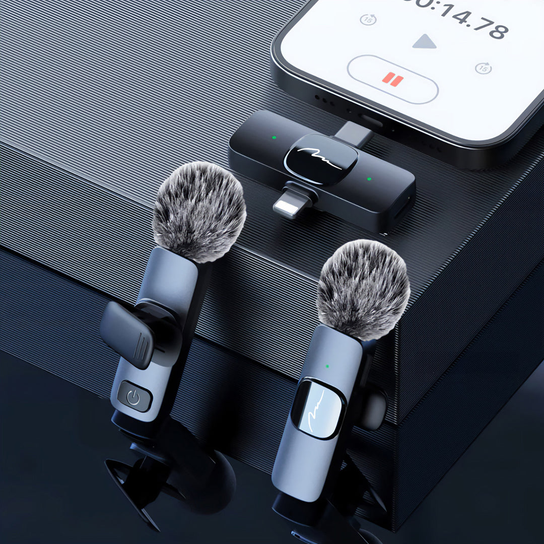 MICRO-MIC DUO – 2 microfoane wireless cu prindere la rever (set), cu clemă, iOS și Android (OTG), mini, super-sensibile. USB-C și LIGHTNING, Mediatech