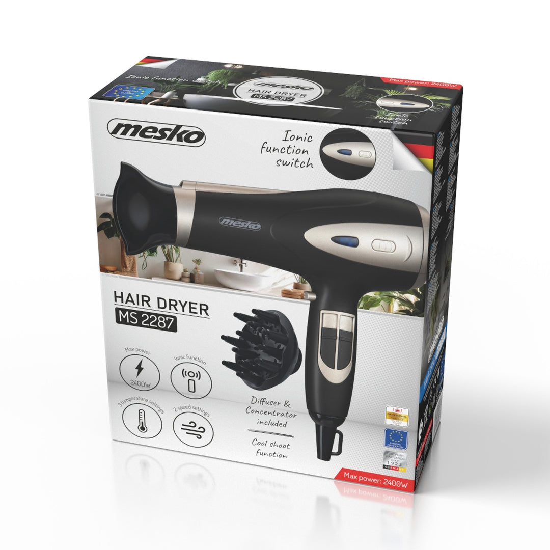 Uscător de păr Mesko, funcție de ionizare, difuzor, putere 2200 W, negru, MS 2287