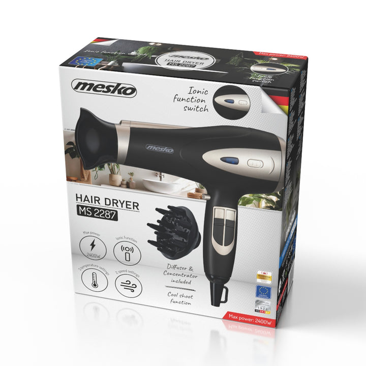 Uscător de păr Mesko, funcție de ionizare, difuzor, putere 2200 W, negru, MS 2287