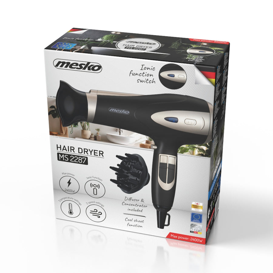 Uscător de păr Mesko, funcție de ionizare, difuzor, putere 2200 W, negru, MS 2287