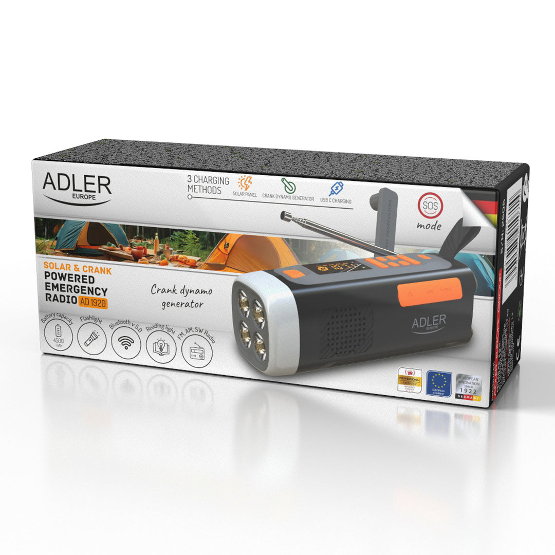 Radio de urgență Adler cu panou solar, manivelă și baterie externă, Bluetooth 5.0, lanternă LED de 4 W, 4500 mAh, AD 1920