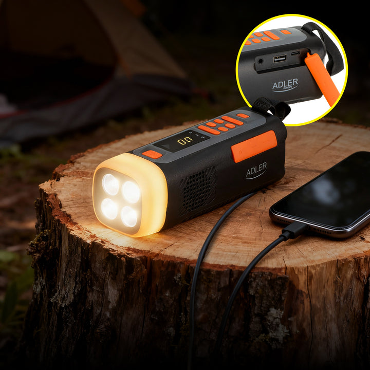 Radio de urgență Adler cu panou solar, manivelă și baterie externă, Bluetooth 5.0, lanternă LED de 4 W, 4500 mAh, AD 1920