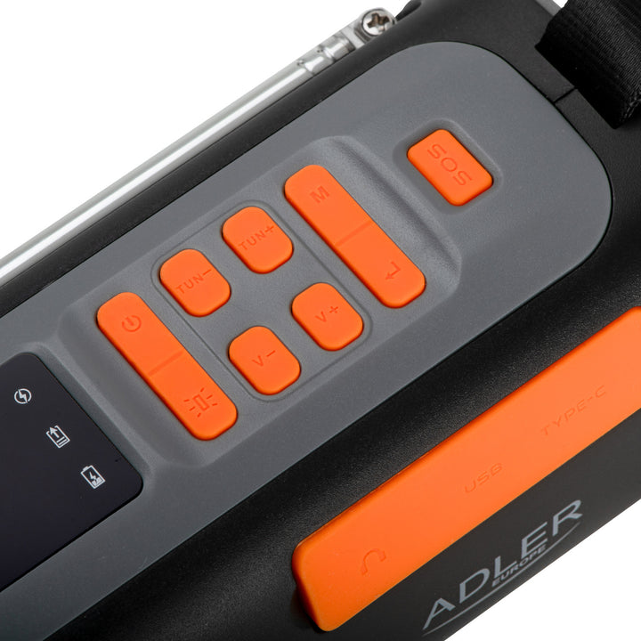 Radio de urgență Adler cu panou solar, manivelă și baterie externă, Bluetooth 5.0, lanternă LED de 4 W, 4500 mAh, AD 1920