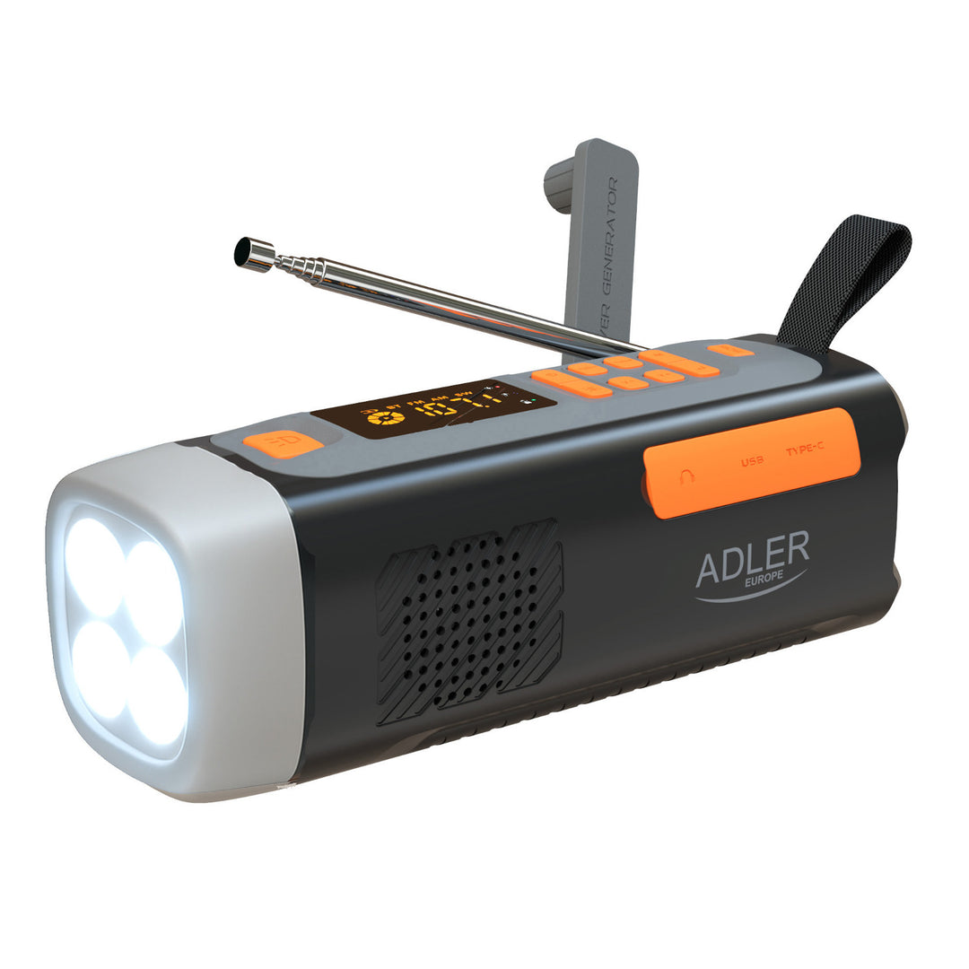 Radio de urgență Adler cu panou solar, manivelă și baterie externă, Bluetooth 5.0, lanternă LED de 4 W, 4500 mAh, AD 1920