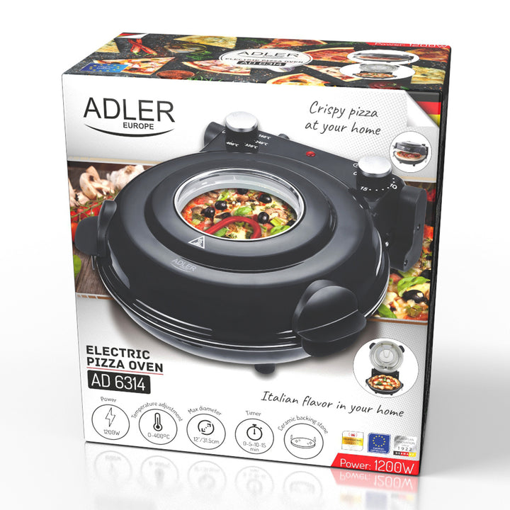 Cuptor pentru pizza Adler, control al temperaturii până la 400 °C, piatră ceramică, două elemente de încălzire, AD 6314
