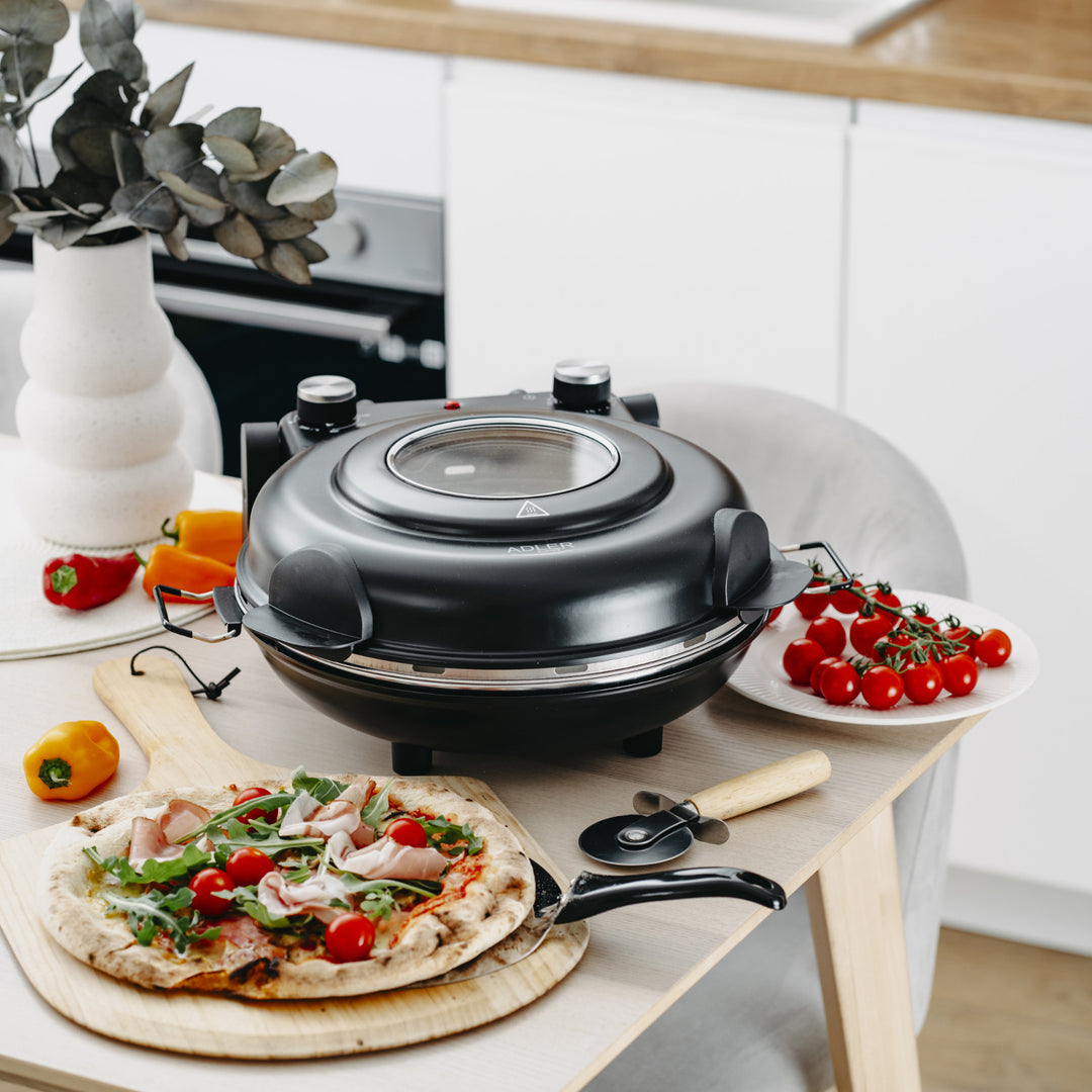 Cuptor pentru pizza Adler, control al temperaturii până la 400 °C, piatră ceramică, două elemente de încălzire, AD 6314