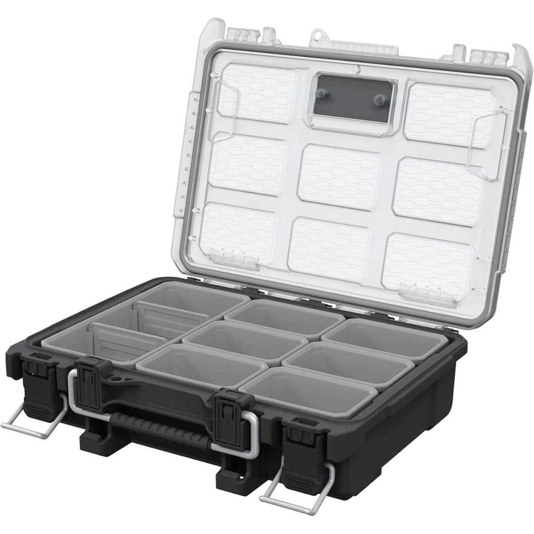 Organizator pentru scule Keter ROC Pro Gear 2.0, suport pentru montare pe perete, capac transparent și rezistent, garnitură de protecție împotriva prafului și apei, cleme metalice, 256983