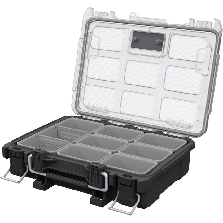 Organizator pentru scule Keter ROC Pro Gear 2.0, suport pentru montare pe perete, capac transparent și rezistent, garnitură de protecție împotriva prafului și apei, cleme metalice, 256983