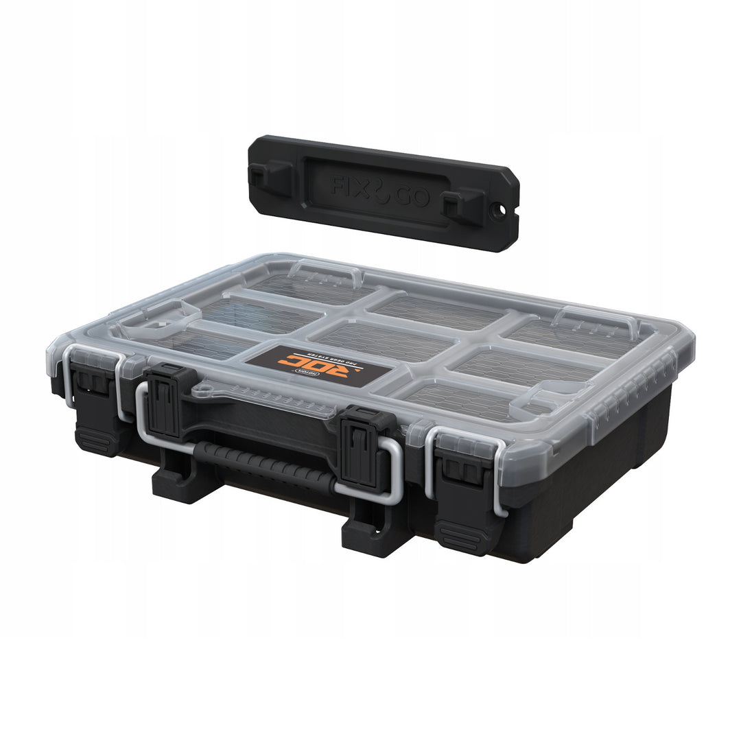 Organizator pentru scule Keter ROC Pro Gear 2.0, suport pentru montare pe perete, capac transparent și rezistent, garnitură de protecție împotriva prafului și apei, cleme metalice, 256983