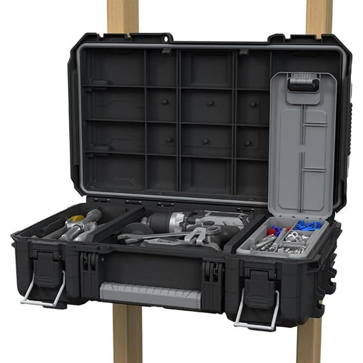 Valiză pentru scule Keter ROC Pro Gear 2.0, capacitate de încărcare de 36 kg, loc pentru lacăt, garnitură de protecție împotriva prafului și apei, organizator cu capac inclus, posibilitate de montare pe perete, 256979