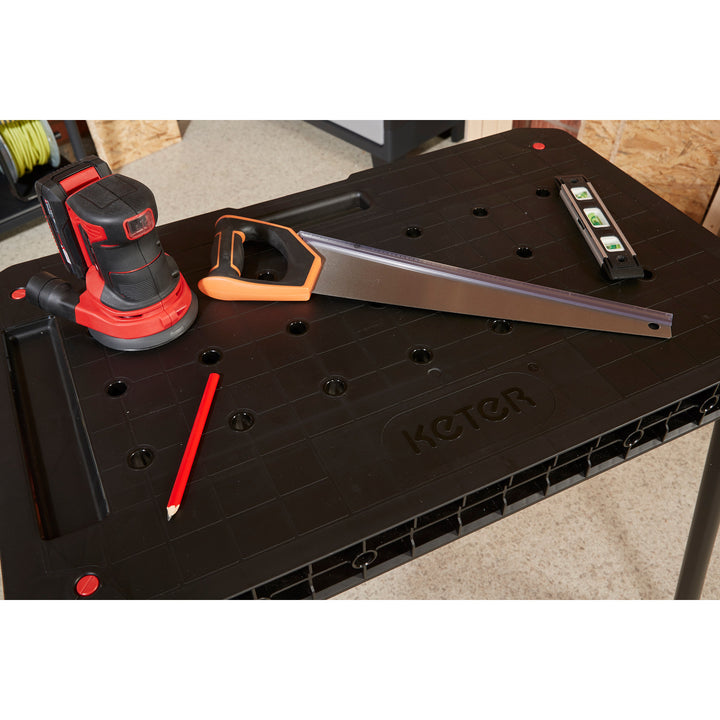 Banc de lucru Keter Ultimate, pliabil, capacitate de încărcare de până la 453 kg, asamblare în 30 de secunde, spațiu de lucru mare cu găuri de 3/4 inch, portabil, 262936