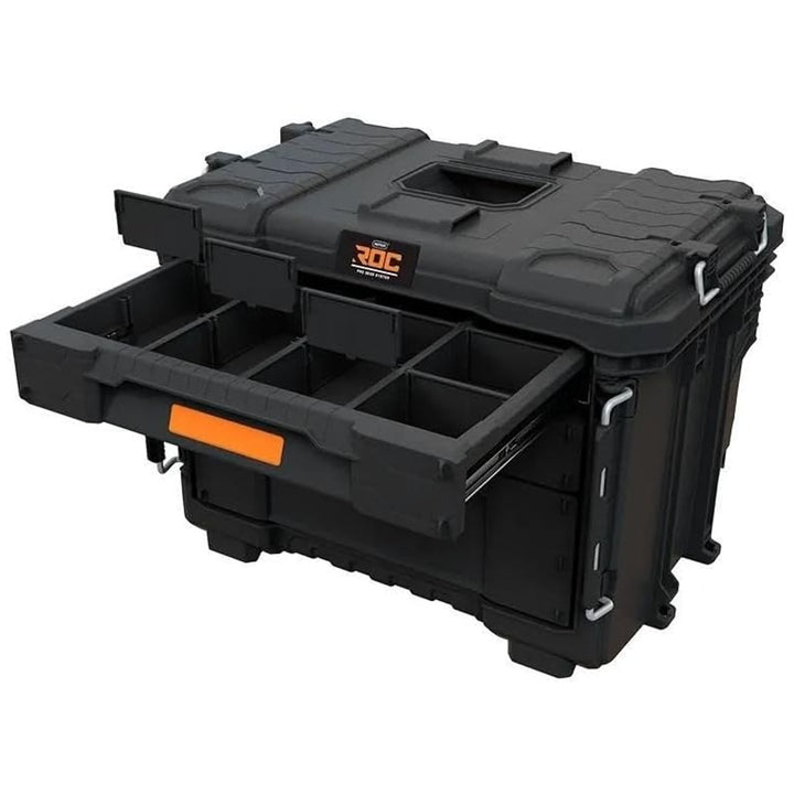 Cutie de scule XL Keter ROC Pro Gear 2.0, cu trei sertare, separatoare incluse, loc pentru lacăt, închizători frontale, 259671