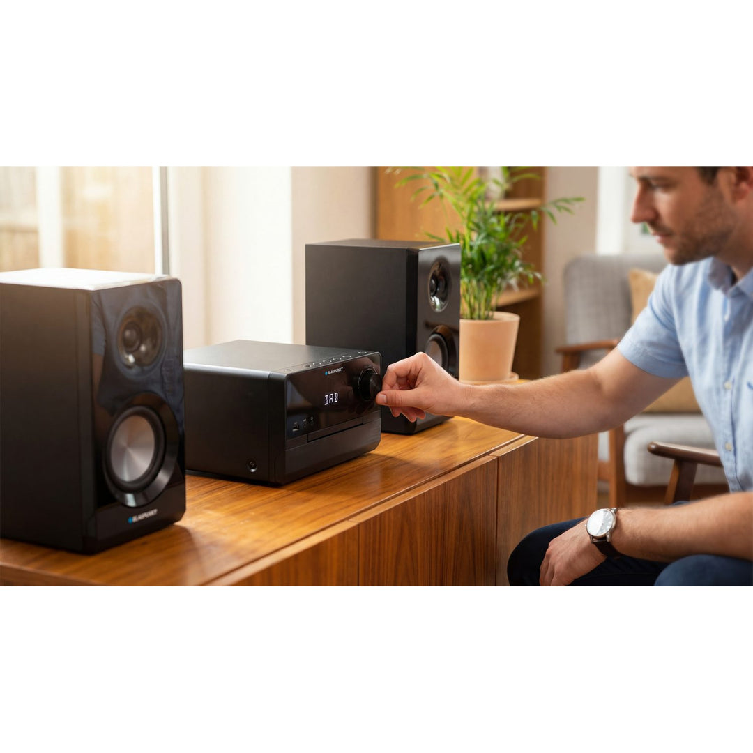 Micro sistem Blaupunkt, putere RMS 100 W, tuner DAB+, afișaj LED, radio FM, antenă telescopică inclusă, conector HDMI ARC, CD/MP3/USB/BT, ceas cu funcție de alarmă, MS49DAB