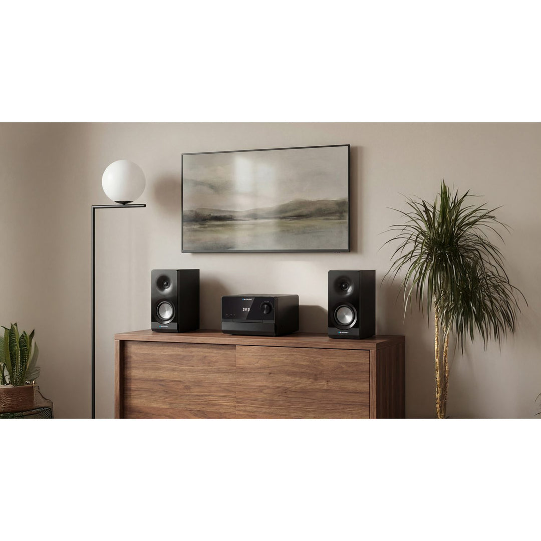 Micro sistem Blaupunkt, putere RMS 100 W, tuner DAB+, afișaj LED, radio FM, antenă telescopică inclusă, conector HDMI ARC, CD/MP3/USB/BT, ceas cu funcție de alarmă, MS49DAB