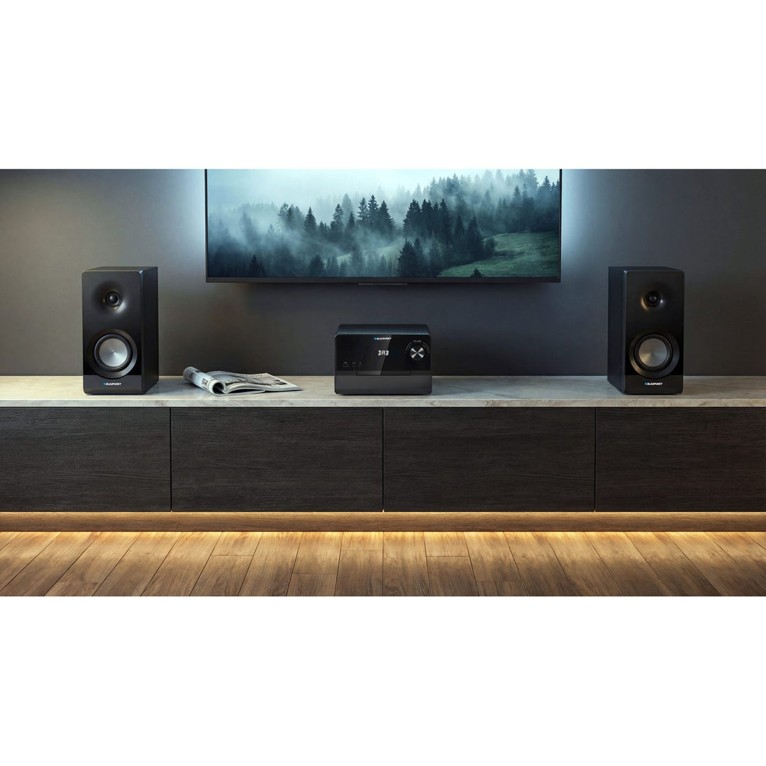 Micro sistem Blaupunkt, putere RMS 100 W, tuner DAB+, afișaj LED, radio FM, antenă telescopică inclusă, conector HDMI ARC, CD/MP3/USB/BT, ceas cu funcție de alarmă, MS49DAB
