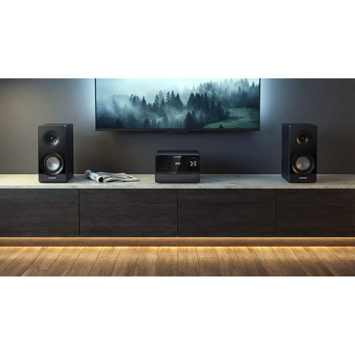 Micro sistem Blaupunkt, putere RMS 100 W, tuner DAB+, afișaj LED, radio FM, antenă telescopică inclusă, conector HDMI ARC, CD/MP3/USB/BT, ceas cu funcție de alarmă, MS49DAB