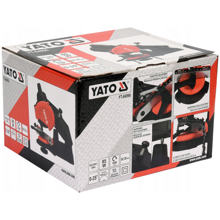 Ascuțitor electric Yato pentru lanțuri de ferăstrău cu lanț, putere 85 W, viteză de rotație 5500 rpm, unghi de ascuțire 0-35°, ghidaj metalic, cablu de 1,8 m, YT-84990