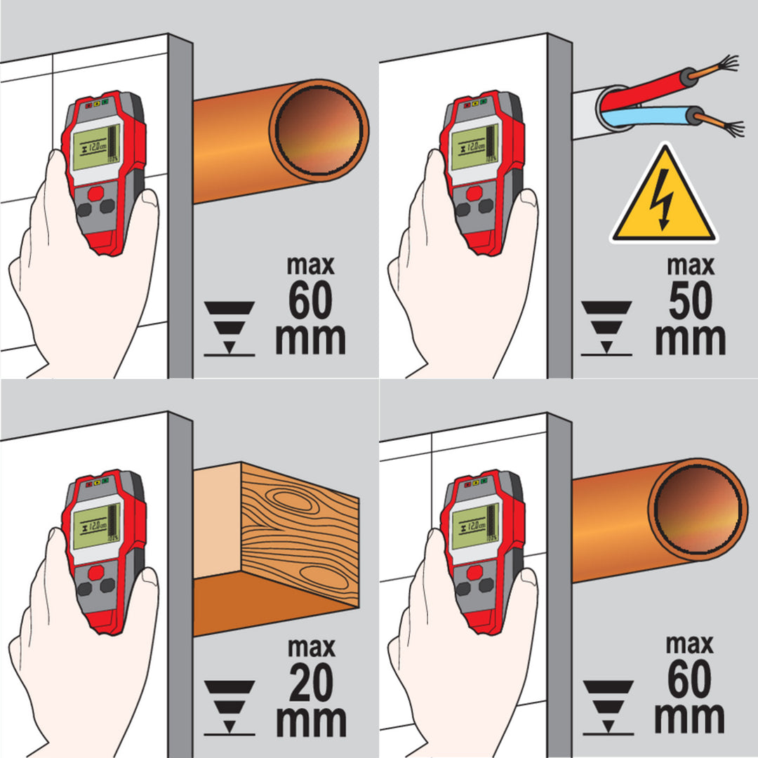 Detector profesional de cabluri și profile Yato, ecran mare cu iluminare LED, capac inclus, semnal sonor și trei LED-uri indicatoare, reglare a intensității de detectare, YT-73131