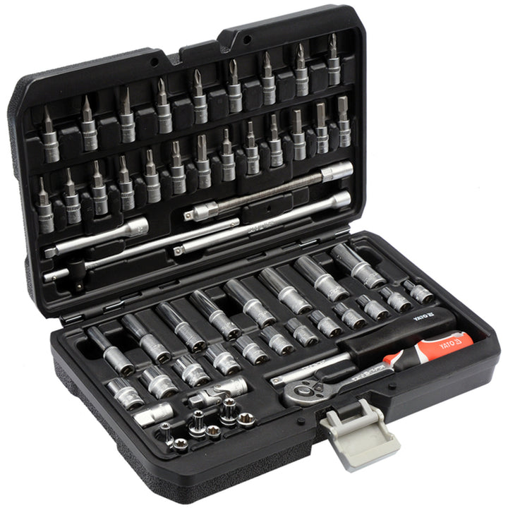 Set de scule profesionale Yato, chei tubulare și capete tubulare, din oțel crom-vanadiu, 56 piese, capete tubulare cu sistem AS-Drive, în cutie, YT-14501