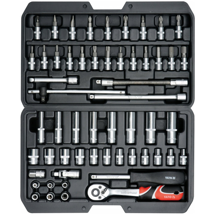 Set de scule profesionale Yato, chei tubulare și capete tubulare, din oțel crom-vanadiu, 56 piese, capete tubulare cu sistem AS-Drive, în cutie, YT-14501