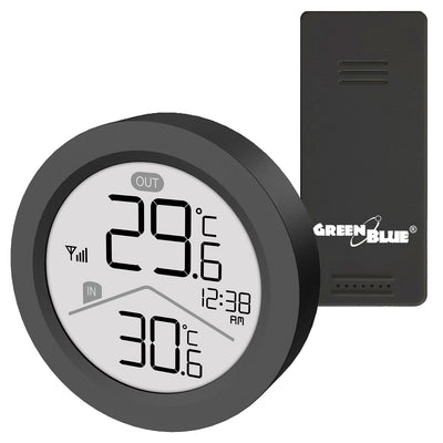 Stație meteo fără fir GreenBlue, temperatură interioară/exterioară, ceas, alegere între °C și °F, rază de acțiune de până la 60 m, negru, GB162 B